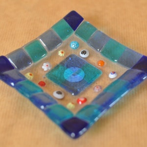 Murano millefiori blue fused glass trinket dish - colored cane flowers - Murrine square checkered mini bowl - Millefleur