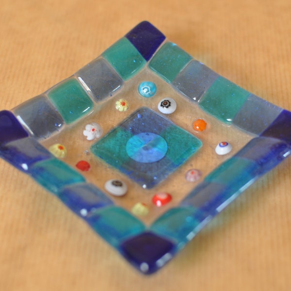 Vide poche en verre fusionné bleu millefiori de Murano - Fleurs de canne colorées - Mini bol carré à carreaux Murrine - Millefleur