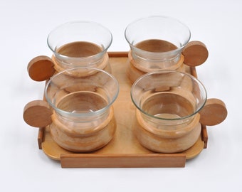 Tasses à thé Jena en verre par Schott & Gen, Mayence avec supports en bois et plateau - Tasses résistantes à la chaleur - Moderne milieu du siècle