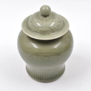 Celadon groene Tempelpot - Gemberpot - Container met deksel - Decor met bloemengebladerte - Chinees