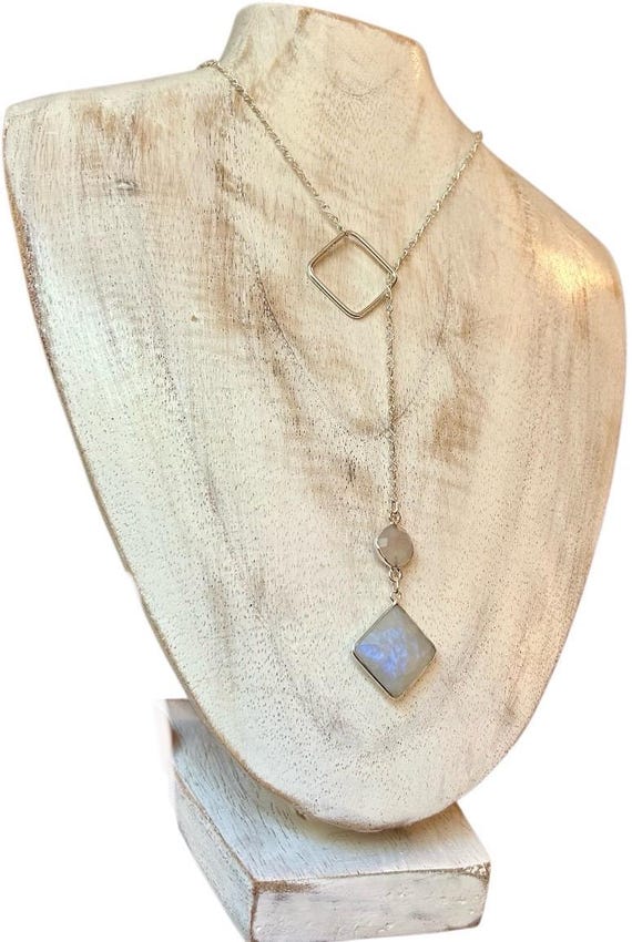 Moonstone double diamond pendulum lariat Y necklace, sterling silver figure 8 chain & square centerpiece.