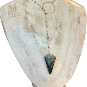 Emerald pendulum lariat Y necklace, silver disc chain & sterling octagon center piece.