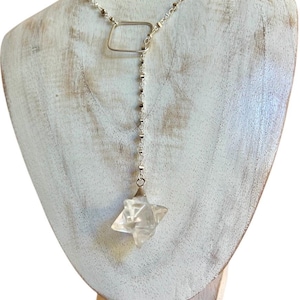 Large Quartz Merkaba pendulum lariat Y necklace, silver disc chain & sterling square centerpiece.