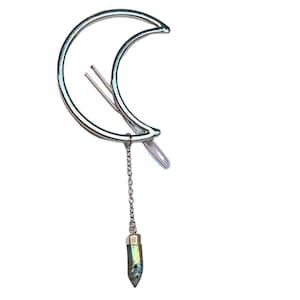 Celestial lunar silver crescent moon barrette clip with silver chain & gemstone point.