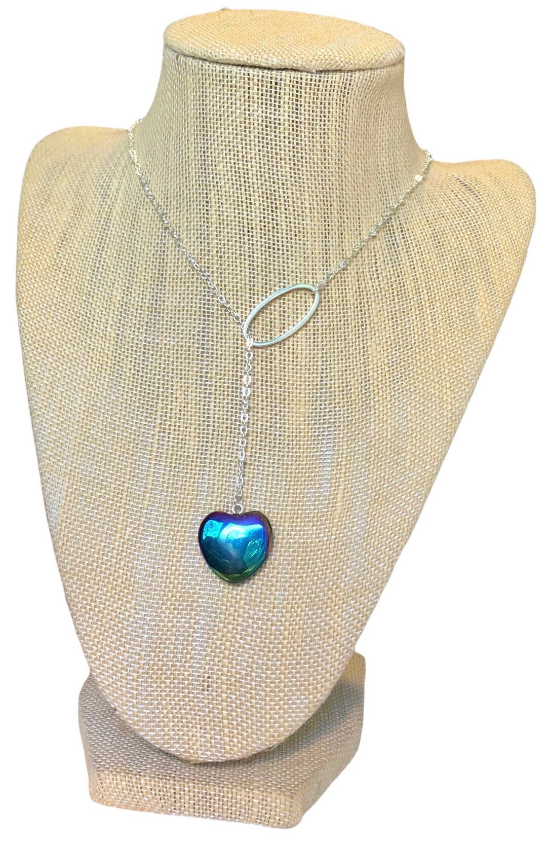 Rainbow Titanium Aura Heart Pendulum Lariat Y Necklace on Sterling