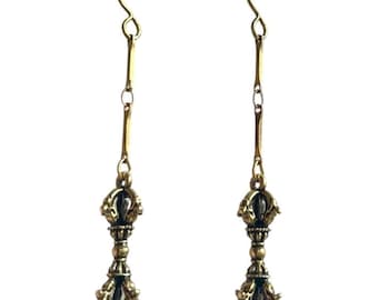 Buddhist Dorje Vajra pendulum earrings, raw brass bar chain & hypoallergenic earwires.