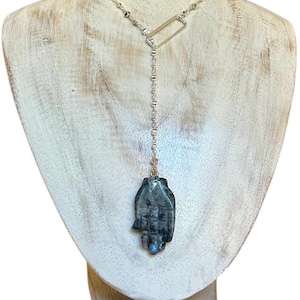 Spectrolite Hamsa pendulum lariat Y necklace, alternating disc chain & sterling silver rectangle centerpiece.