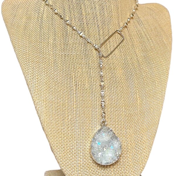 Sliced iridescent druzy teardrop lariat Y necklace on alternating disc chain with sterling silver rectangle center piece.