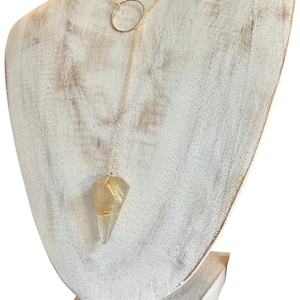 Brazilian Golden Rutile Quartz pendulum lariat Y necklace, 14 KGF satellite chain & ring centerpiece.
