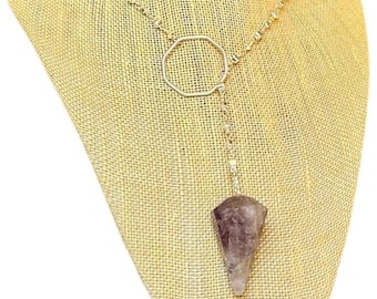 Heilige 7, Super Seven, Cacoxenit Pendel Lariat Y-Halskette mit Achteckring aus Sterlingsilber & abwechselnder Scheibenkette.