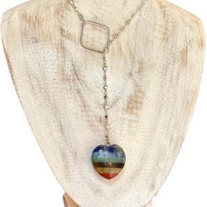 Rainbow 7 Chakra Heart lariat Y necklace, silver disc chain & sterling silver rhombus centerpiece.