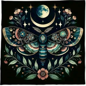 Pano de altar de adivinhação, Lua Cheia, Mariposa Lunar. Quadrado, medindo aproximadamente 50x50 cm.