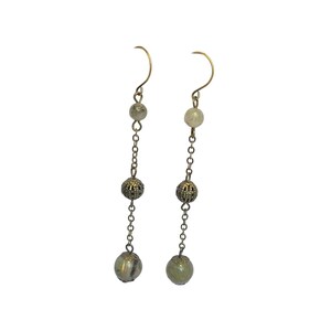 Labradorite triple beaded drop pendulum earrings on antique brass chain.