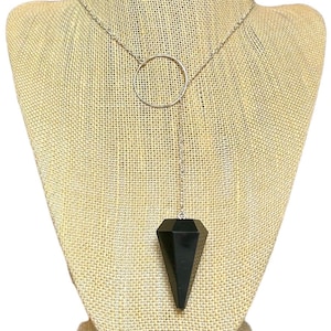 Black Tourmaline pendulum lariat Y necklace on sterling silver figure 8 chain & sterling silver ring center piece.