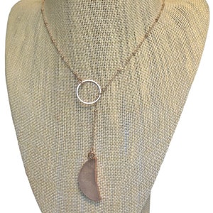 Rose Quartz Crescent moon pendulum lariat Y necklace on 14k Rose Gold Filled satellite chain & ring center piece.