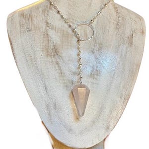 Rose Quartz Pendulum Lariat Y Necklace, silver disc chain & sterling ring centerpiece.