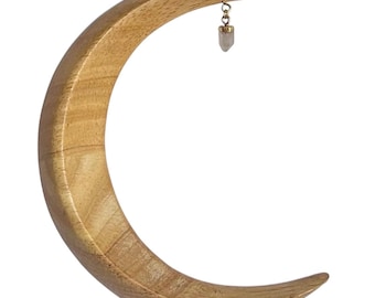 Large crescent moon wooden hair wands. Gemstone point in silver or gold. Goddess accessories.