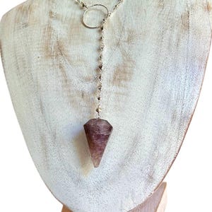 Sacred 7/Super Seven pendulum lariat Y necklace, silver disc chain & sterling ring centerpiece.