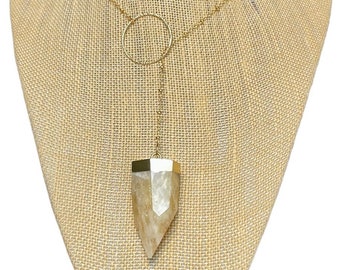 Citrin Einschluss Hexagon Punkt Pendel Lariat Y-Halskette mit 14K Gold gefüllt Satelliten Kette & gehämmerten Ring Mittelstück.