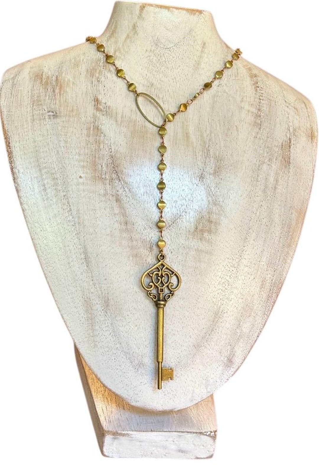 Skeleton Key & Hole Pendulum Lariat Necklace, Raw Brass Disc Chain ...