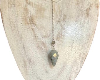 Labradorite bead/multifaceted teardrop pendulum lariat Y necklace, sterling cable chain & ring centerpiece.