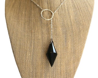 Black Onyx 12 sided faceted double pyramid point pendulum lariat Y necklace on sterling silver satellite chain & sterling ring center piece.