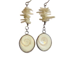 Shiva eye shell earrings & vintage recycled stick coral on hypoallergenic ear wires. Vacation inspiration.
