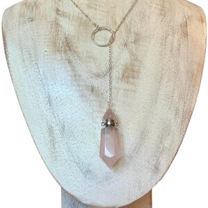 Rose Quartz essential oil, cremation ash pendulum lariat Y necklace, sterling chain & octagon centerpiece.