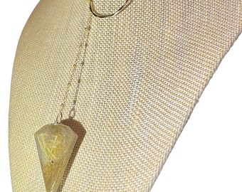 Brasilianische Golden Rutil Quarz Pendel Lariat Y-Halskette mit 14K gold gefüllt Satellitenkette & Ring Mittelstück.