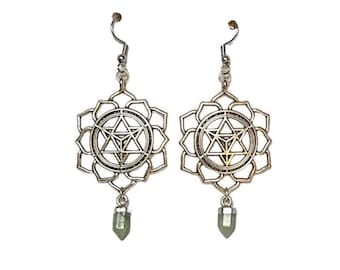 Lotus flower, sacred geometry earrings with petite gemstone points. Stainless Steel, hypoallergenic earwires.
