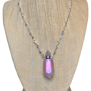 Rose Quartz Aura essential oil, cremation ashes vial necklace on silver alternating disc chain. Pet memorial jewelry, Urn necklace.
