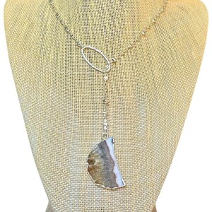 Citrine Crescent moon lariat Y necklace with sterling silver oval ring center piece & alternating disc chain.