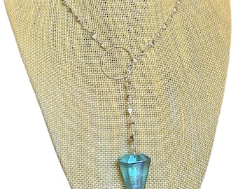 Selten ! Aqua Aura Pendel Lariat Y-Kette mit Sterling Silber Ring & Silber Wechselkette aus Silber. Tragbare Magie.  (Gold aufgegossener Quarz)