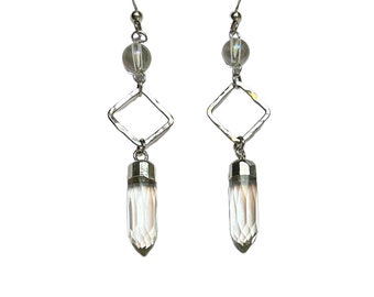 Quartz point and Angel Aura beaded dangle earrings with sterling silver square charm & ear wires.