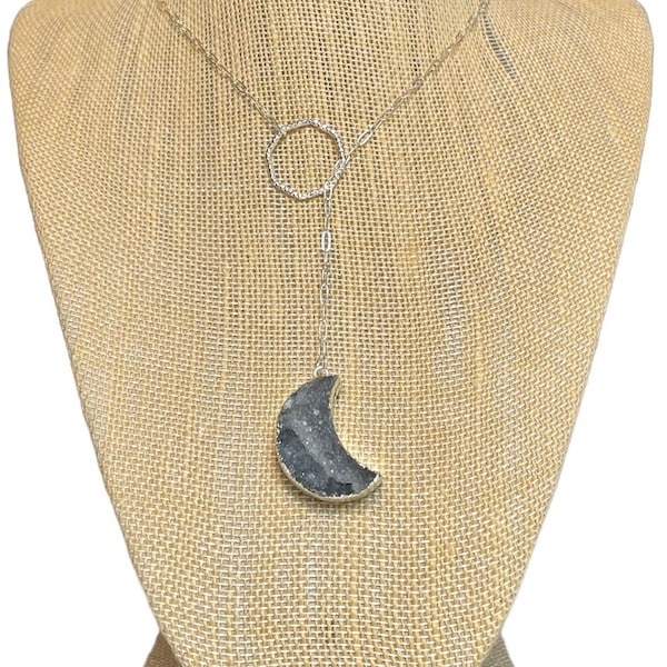 Smoky Quartz druzy crescent moon pendulum lariat Y necklace with sterling silver diamond cut octagon ring & sterling paperclip chain.