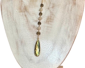 Labradorite/Moonstone beaded teardrop pendulum lariat Y necklace, 14 KGF cable chain & ring centerpiece.