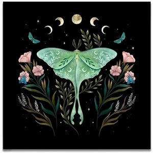 Luna Moth phase de lune, nappe d'autel divinatoire. Carré d'environ 20 x 20 pouces.