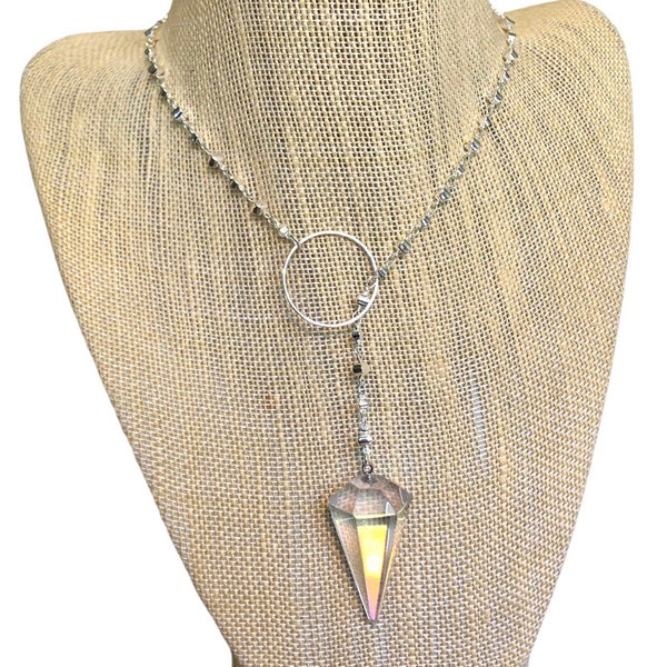 Rare! Angel Aura pendulum lariat Y necklace on alternating disc chain & sterling ring. Wearable magic (Platinum/silver infused Quartz)