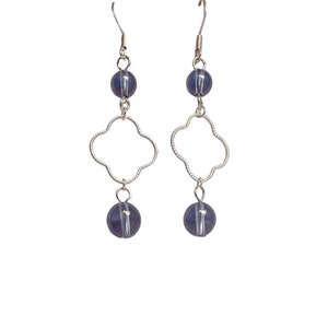 Tanzanite Aura double beaded drop earrings with sterling silver Quatrefoil charm & ear wires, made in Italy.