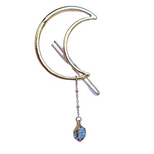 Celestial lunar gold crescent moon barrette/clip with 14 kg filled satellite chain & herkimer diamond point. Witch hair jewelry.