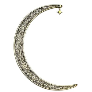 Sichel Mond Haar Zauberstab, baumelnder Nordstern in Messing antike Schriftrolle. Göttin Haargabel.