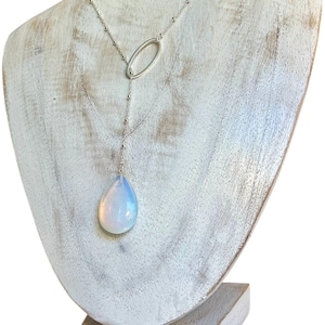Opalite flat teardrop pendulum lariat Y necklace, sterling silver chain & oval centerpiece.