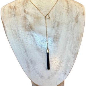 Obsidian stick point column pendulum lariat Y necklace, 14 KGF satellite chain & triangle centerpiece.