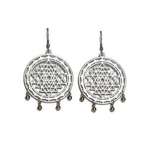 Sri Yantra sacred geometry lotus earrings with dangling stainless steel droplet beads. Stainless Steel hypoallergenic ear wires.