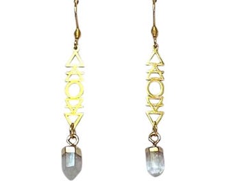 Alchemical Symbol Earrings in gold, Gemstone Pendulum earrings, Hypoallergenic.