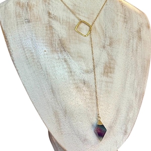 Fluorite double pyramid pendulum lariat Y necklace, 14 KGF cable chain & square centerpiece.