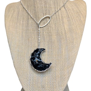 Black Agate Crescent moon pendulum lariat Y necklace with sterling silver chain & oval ring center piece.