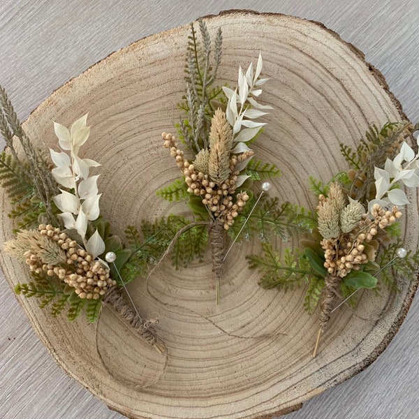Wedding x1 Rustic button hole Groom Men's boutonnieres foliage dried florals natural botanical style ruscus, berries, wheat, fern & twine