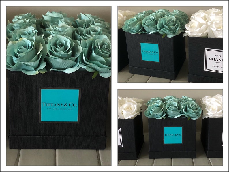Artificial Faux Forever Rose Black Square Hat Box Gift Tiffany Etsy