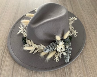 Bridal floral fedora hat Hen Do or Bridal shower, Festival Boho Stetson hat, faux dried natural flowers in a mix of grey & off white tones